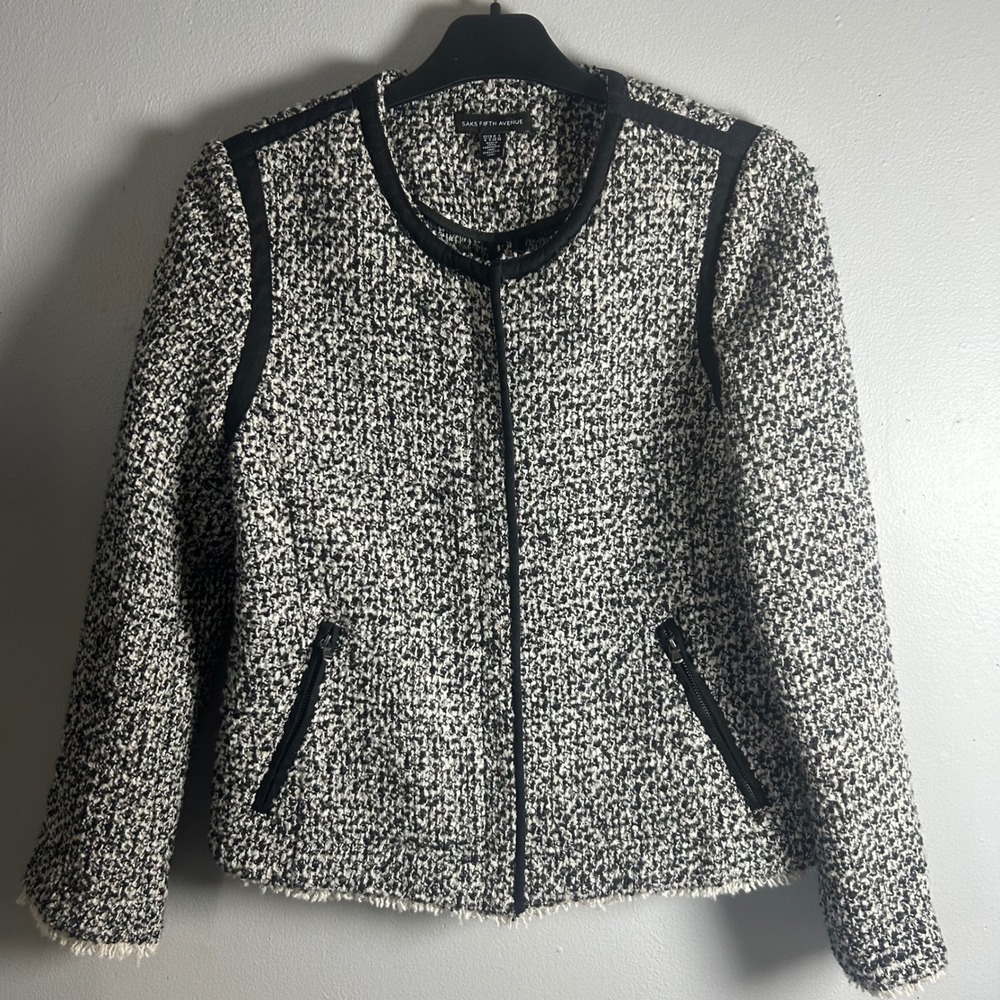 Saks Fifth Avenue Black White Tweed Collarless Zipโ Front Jacket Blazer Womens 4
